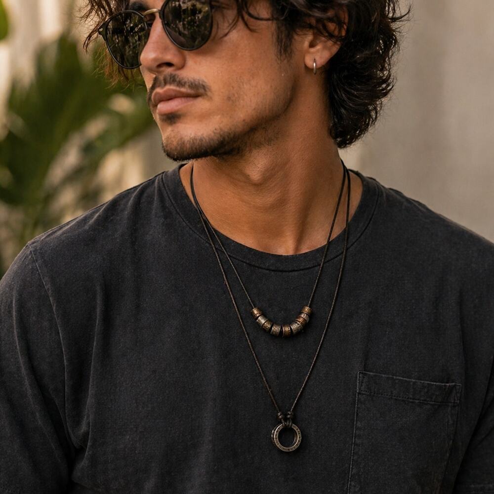 2 Rustic Leather Cord Necklaces Ring Pendant Beads